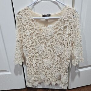 Cream Lace Blouse with Relaxed Fit and 3/4 Sleeves